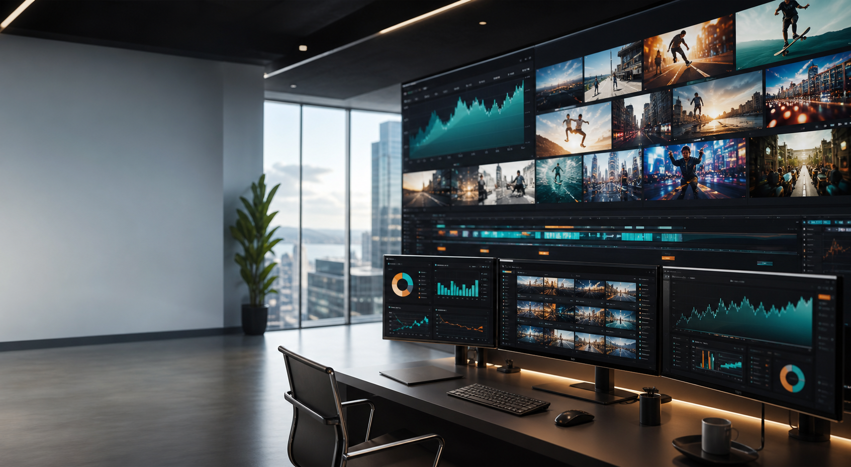 Modern digital media operations workspace with campaign analytics screens